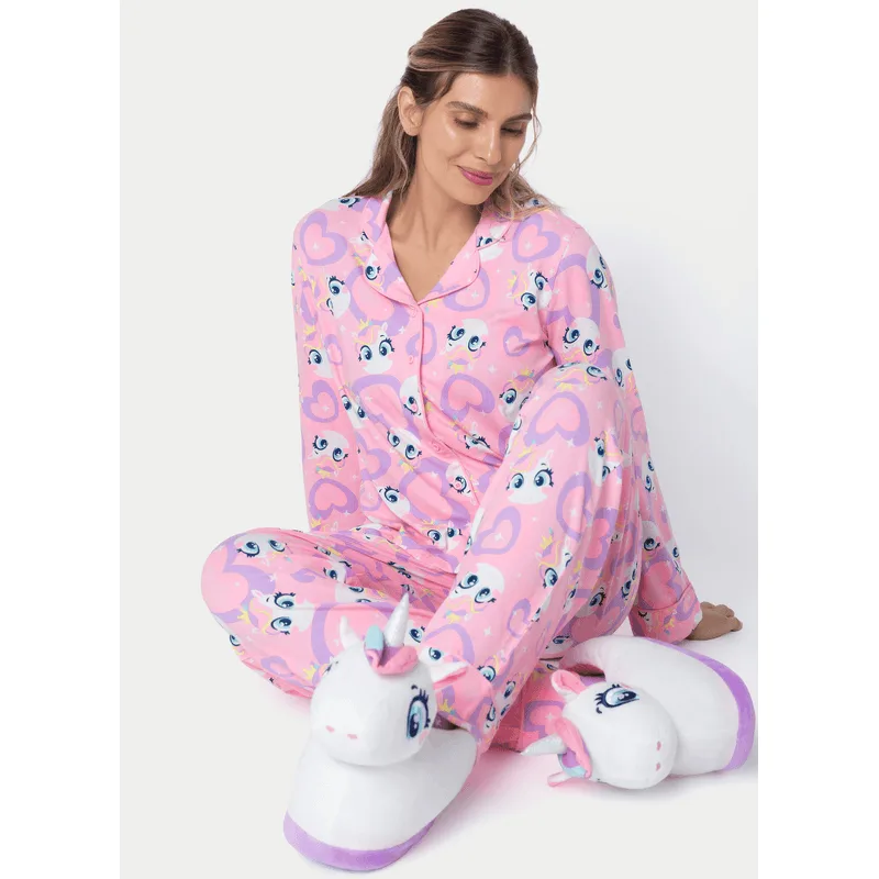 Pijama Manga Longa Viscolycra Feminino Unicórnio Diamante GG
