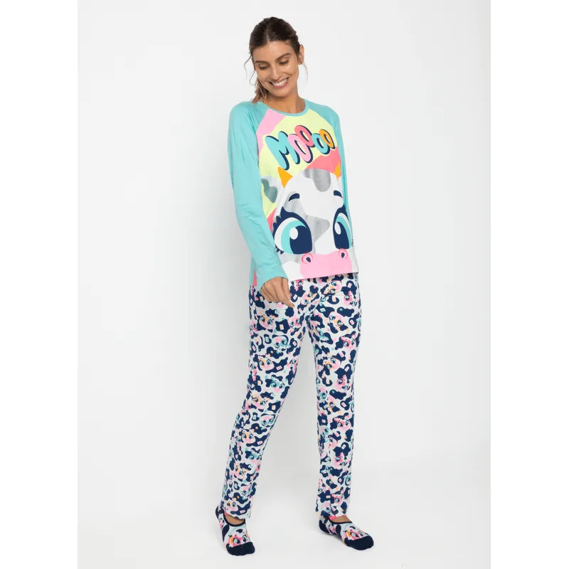 Pijama Manga Longa Viscolycra Feminino Vaca Moosic GG