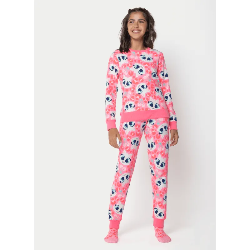 Pijama Manga Longa Moletinho Menina Teen Gata Cereja 8