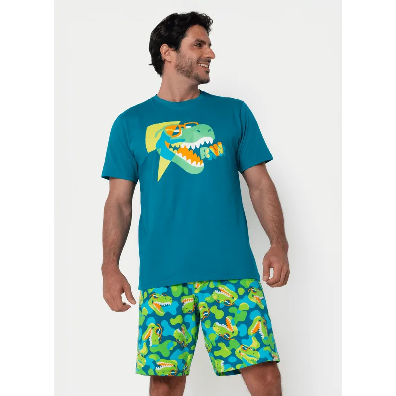Pijama Manga Curta Algodão Masculino Dino M