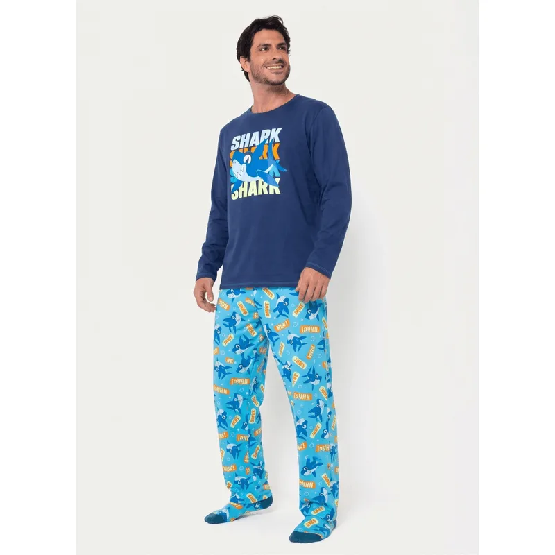 Pijama Manga Longa Algodão Masculino Tubarão G