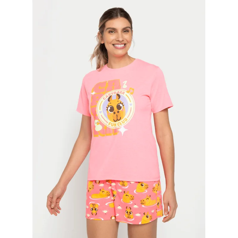 Pijama Manga Curta Algodão Feminino Capy Bora PP