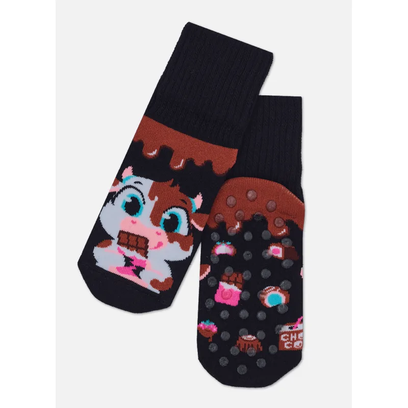 Meia Botinha Antiderrapante Menina Vaca Choco 28 A 33