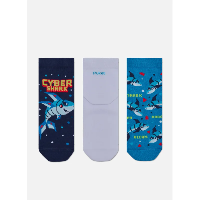 Kit com 3 Meias Cano Curto Menino Teen Tubarão Robô 34 A 39