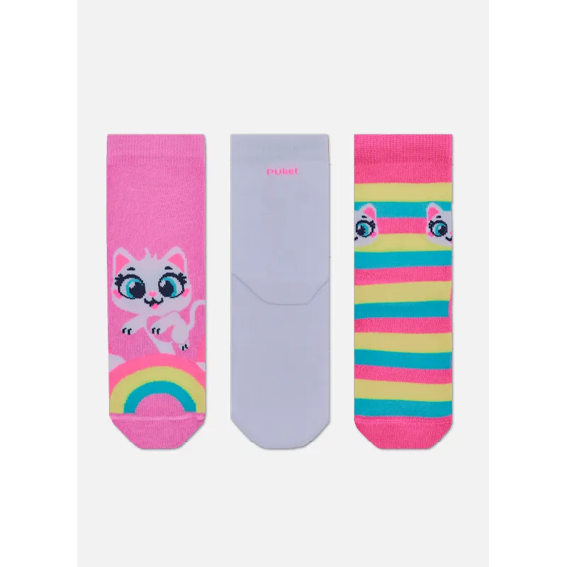 Kit com 3 Meias Cano Curto Menina Gata Arco-íris 28 A 33