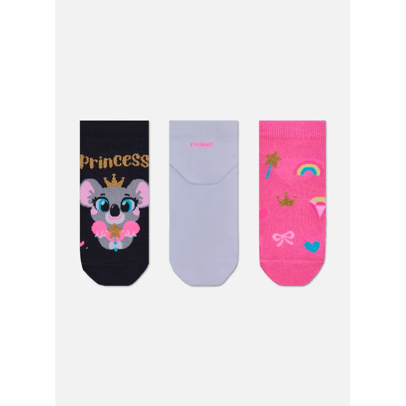 Kit com 3 Meias Cano Curto Menina Coala Princesa 23 A 27