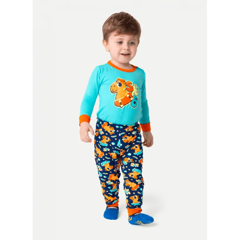 Pijama Manga Longa Viscolycra Bebê Menino Capivara Skate 3 A 6 MESES