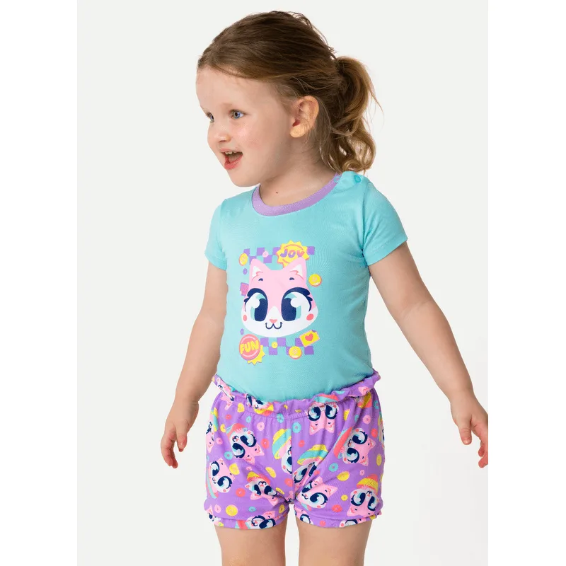 Pijama Manga Curta Viscolycra Bebê Menina Gata Cereal 3 A 6 MESES