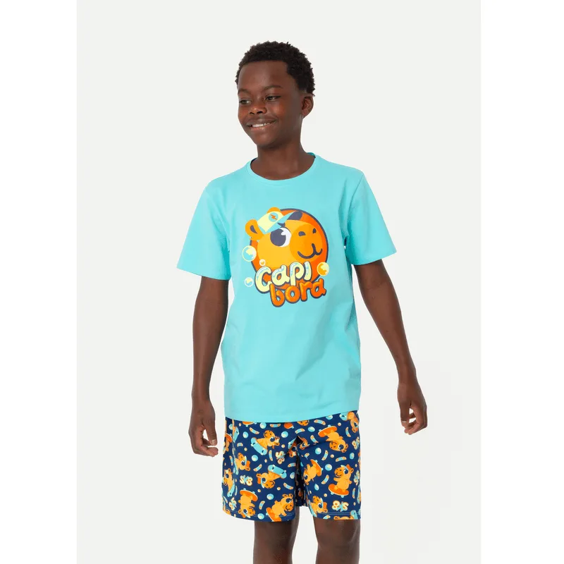 Pijama Manga Curta Algodão Menino Teen Capivara Skate 10