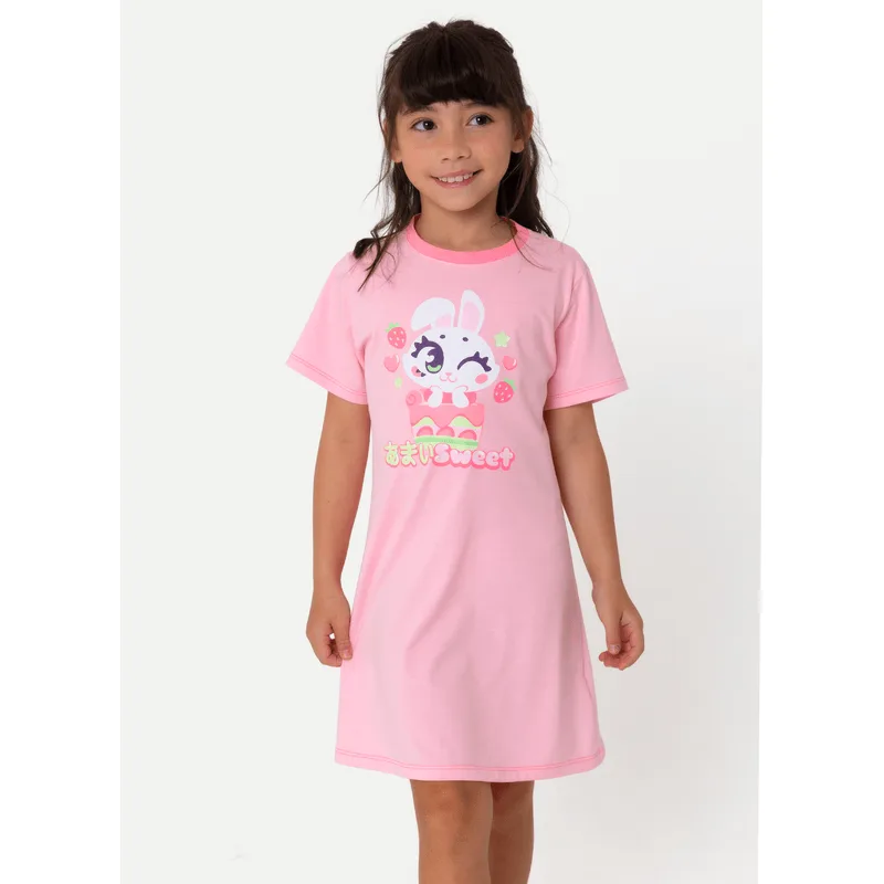 Camisola Manga Curta Algodão Menina Coelha Romântica 4