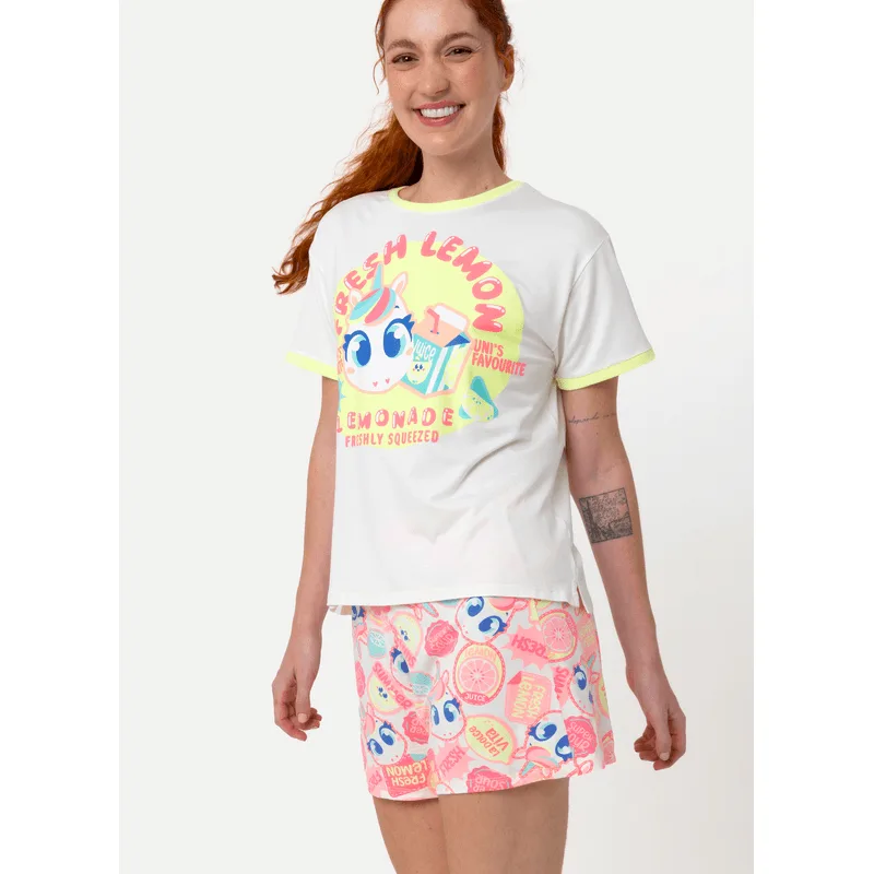 Pijama Manga Curta Viscolycra Feminino Unicórnio Frutas GG