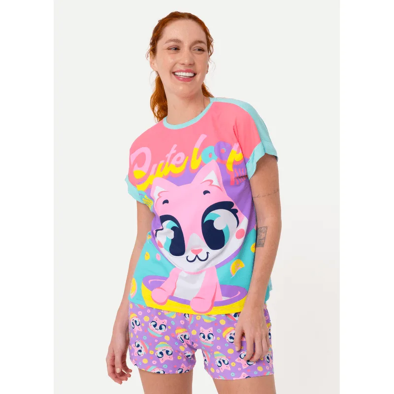 Pijama Manga Curta Viscolycra Feminino Gata Cereal PP