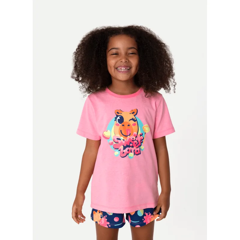 Pijama Manga Curta Algodão Menina Capy Chiclete 1