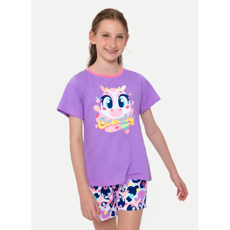 Pijama Manga Curta Algodão Menina Teen Vaca Cereal 14