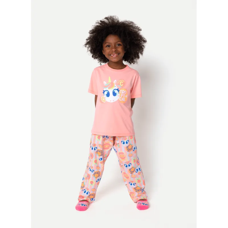 Pijama Manga Curta Algodão Menina Unicórnio Frutas 4