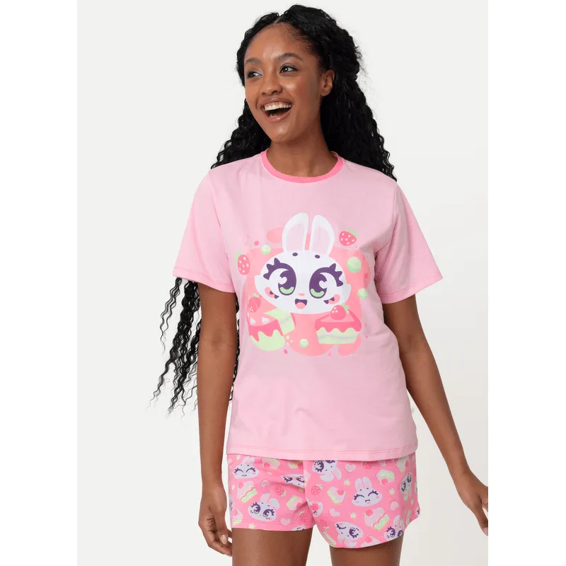 Pijama Manga Curta Algodão Feminino Coelha Romântica GG