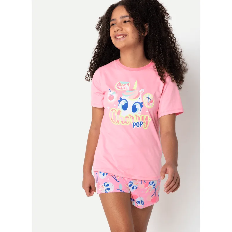 Pijama Manga Curta Algodão Menina Teen Unicórnio Frutas 12