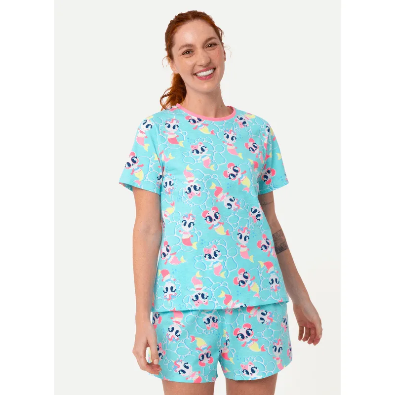 Pijama Manga Curta Algodão Feminino Multibichos Sereia G