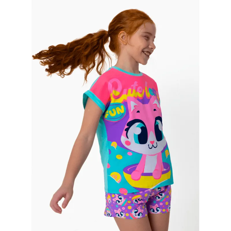 Pijama Manga Curta Viscolycra Menina Teen Gata Cereal 14