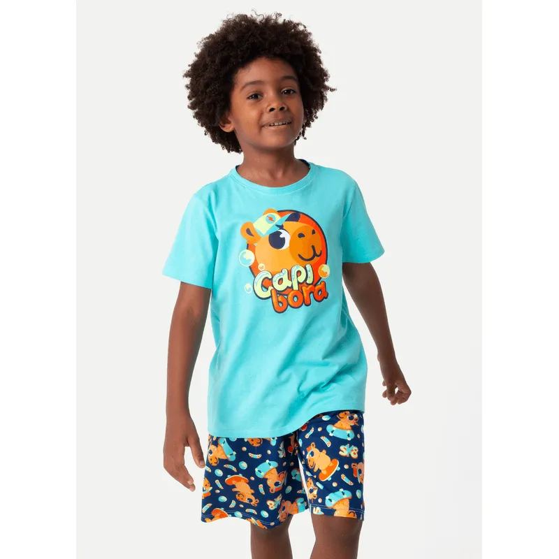Pijama Manga Curta Algodão Menino Capivara Skate 1