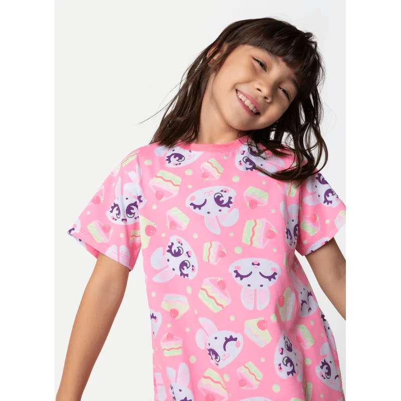 Camisola Manga Curta Algodão Menina Coelha Romântica 6