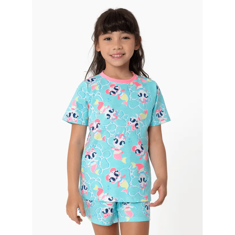 Pijama Manga Curta Algodão Menina Multibichos Sereia 4