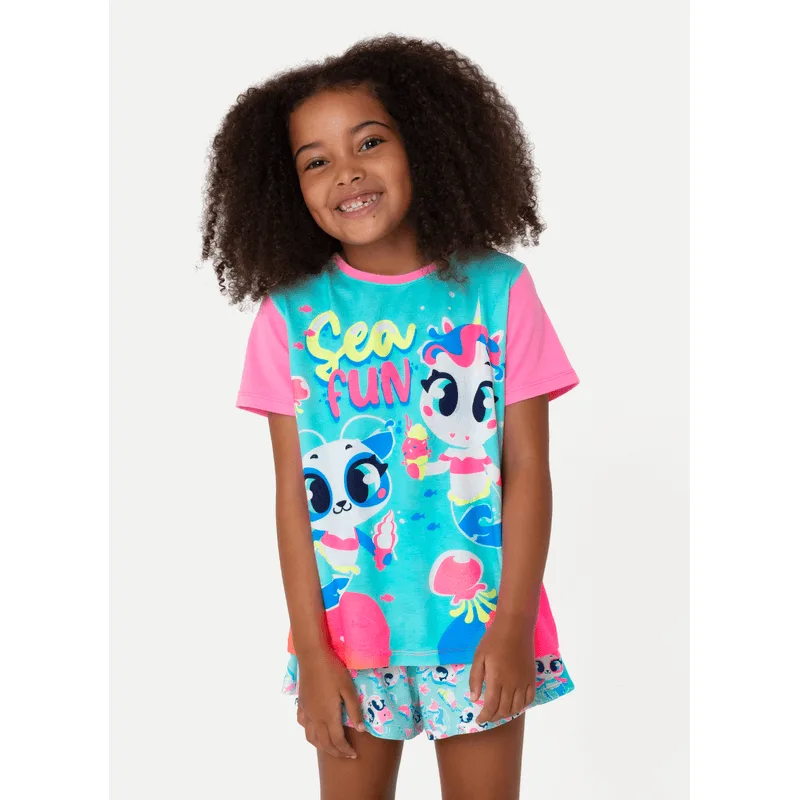 Pijama Manga Curta Viscolycra Menina Multibichos Sereia 6