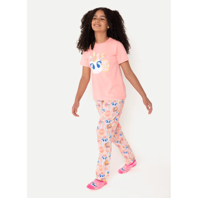 Pijama Manga Curta Algodão Menina Teen Unicórnio Frutas 8