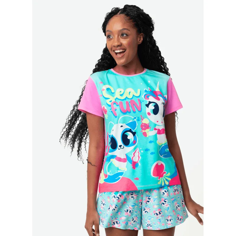 Pijama Manga Curta Viscolycra Feminino Multibichos Sereia M