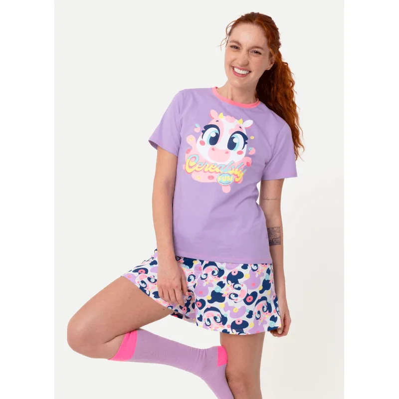 Pijama Manga Curta Algodão Feminino Vaca Cereal GG