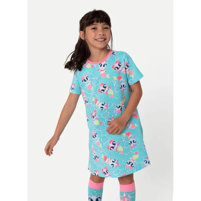 Camisola Manga Curta Algodão Menina Multibichos Sereia 6