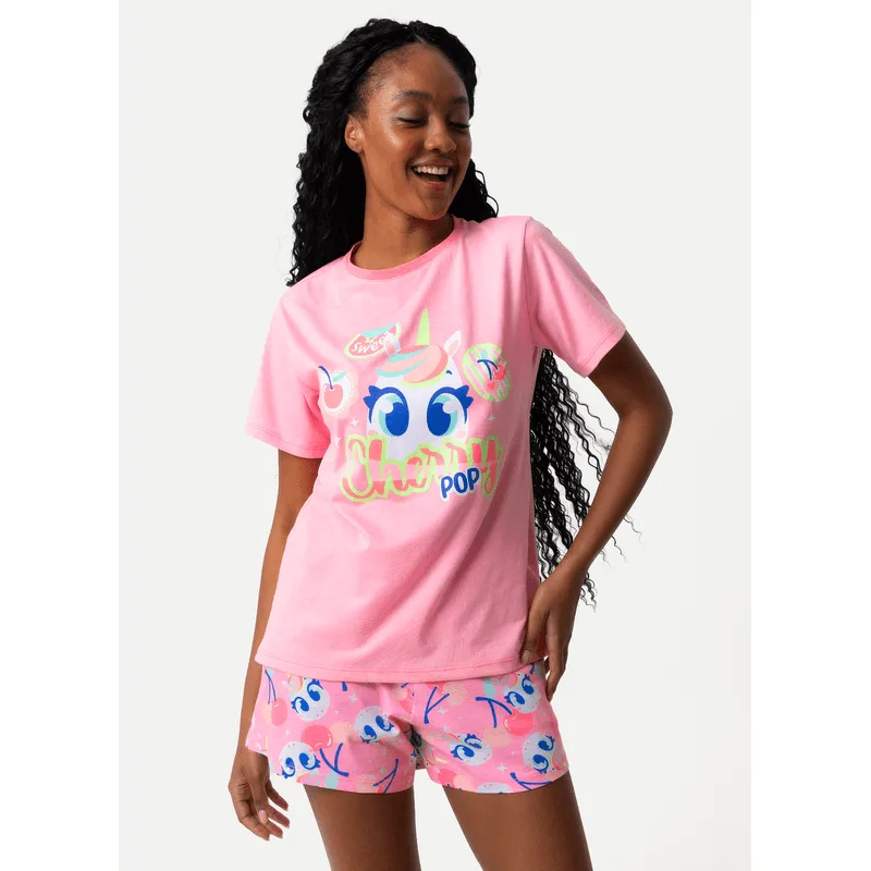 Pijama Manga Curta Algodão Feminino Unicórnio Frutas P