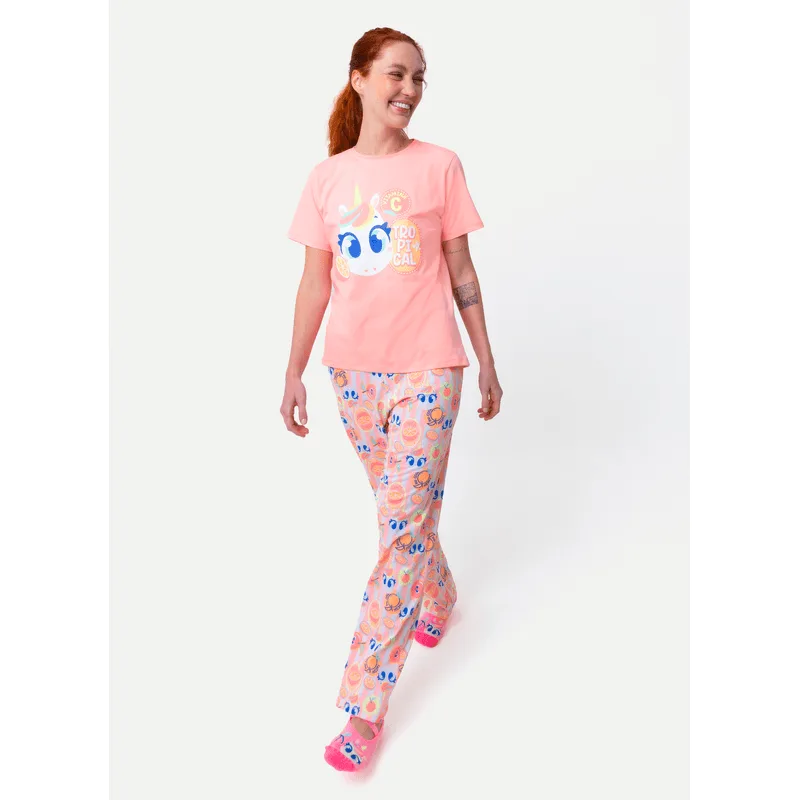 Pijama Manga Curta Algodão Feminino Unicórnio Frutas P