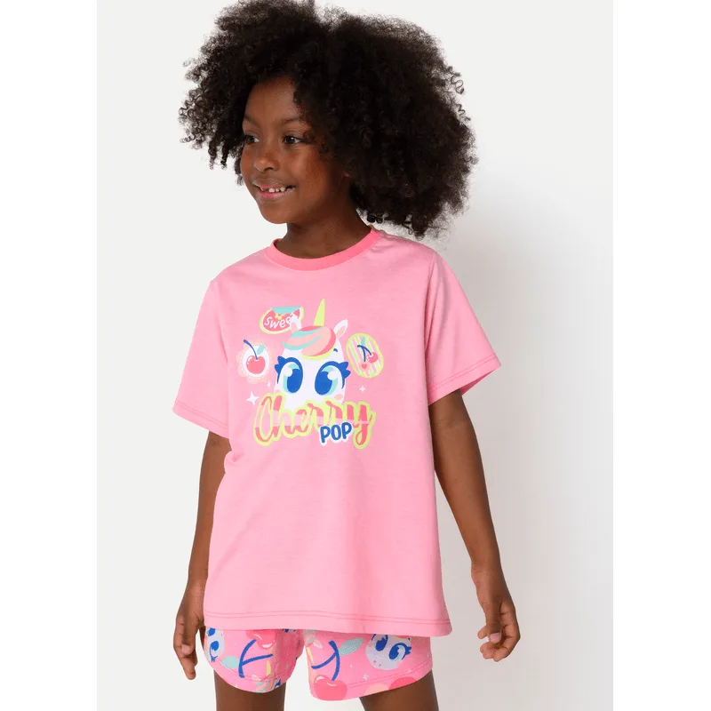 Pijama Manga Curta Algodão Menina Unicórnio Frutas 6