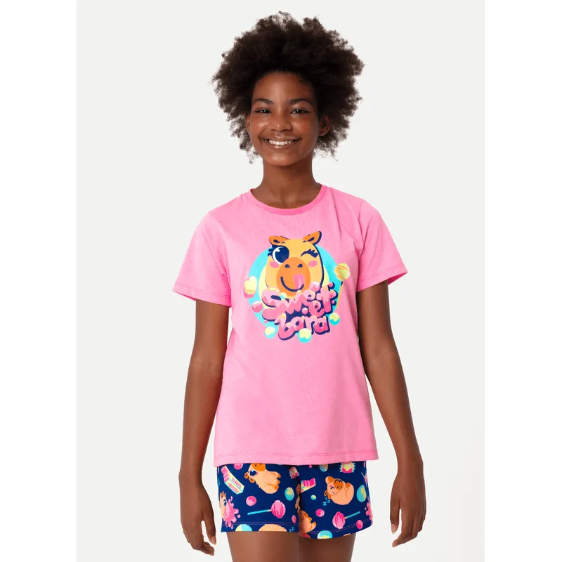 Pijama Manga Curta Algodão Menina Teen Capy Chiclete 12