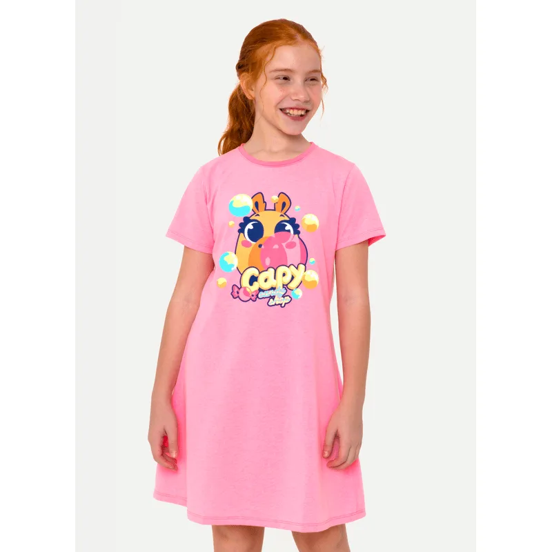 Camisola Manga Curta Algodão Menina Teen Capy Chiclete 14