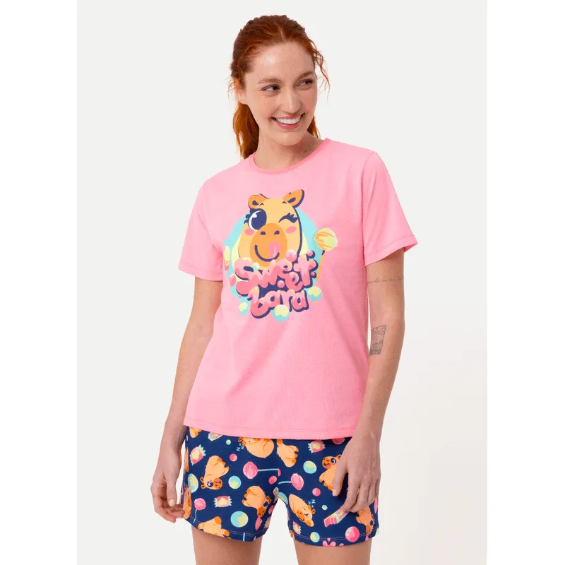 Pijama Manga Curta Algodão Feminino Capy Chiclete M