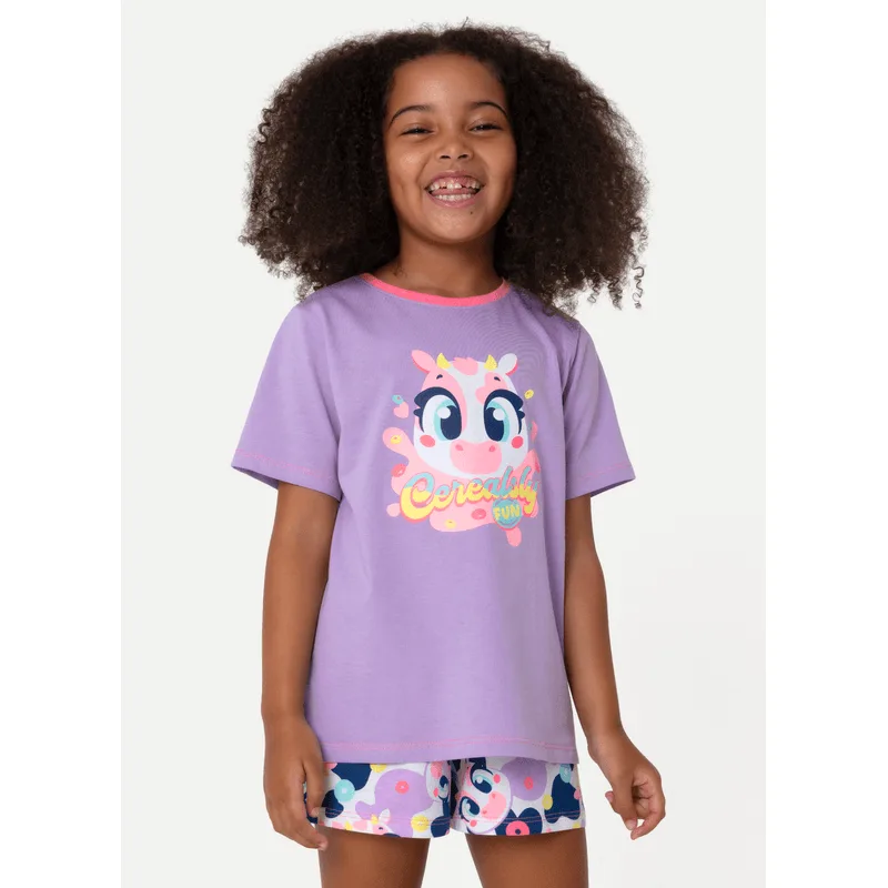Pijama Manga Curta Algodão Menina Vaca Cereal 1