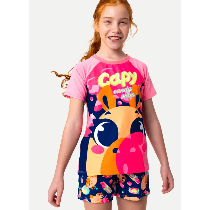 Pijama Manga Curta Viscolycra Menina Teen Capy Chiclete 14