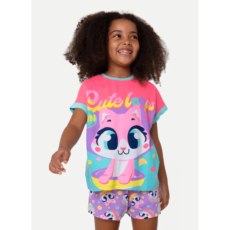 Pijama Manga Curta Viscolycra Menina Gata Cereal 4