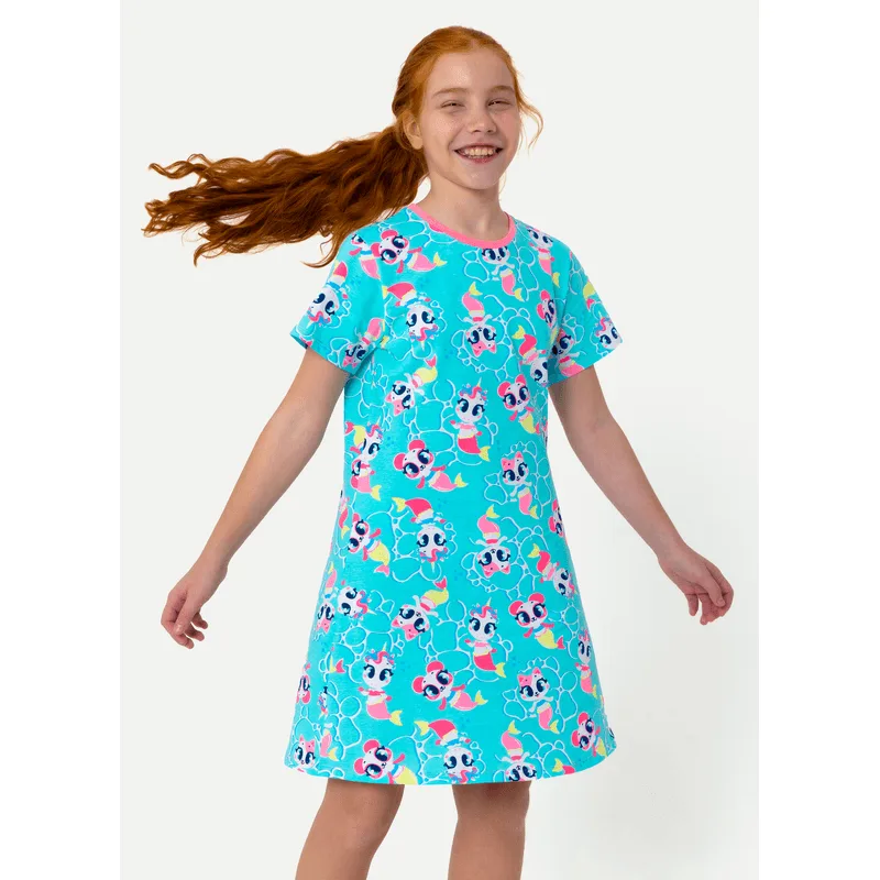 Camisola Manga Curta Algodão Menina Teen Multibichos Sereia 8