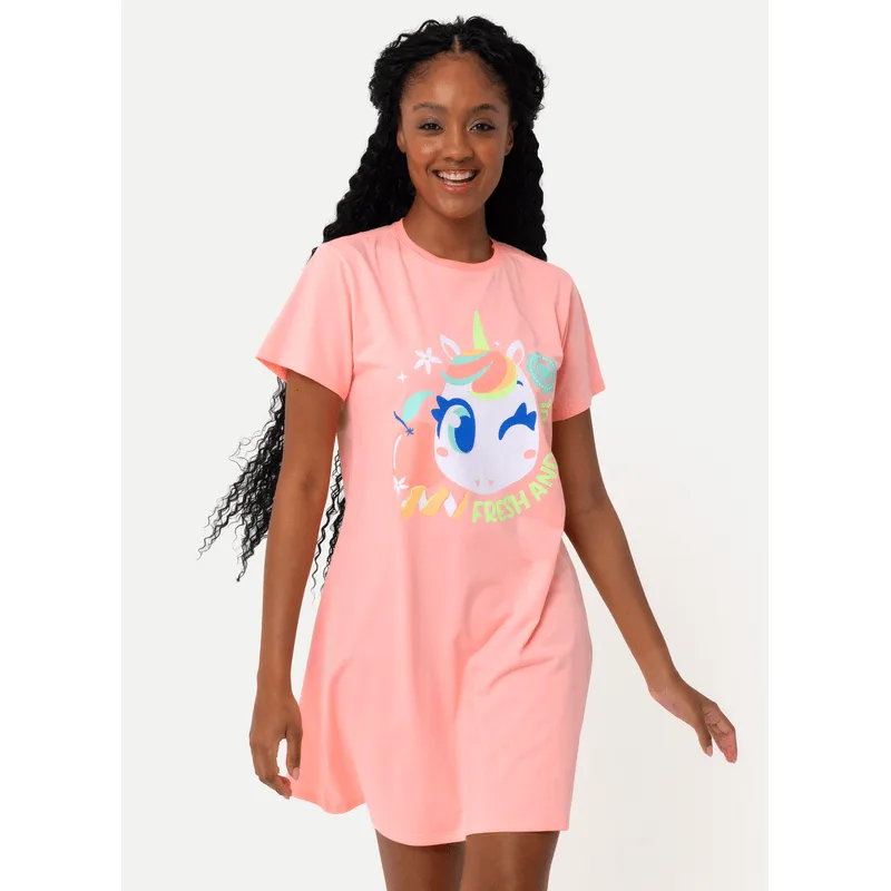 Camisola Manga Curta Algodão Feminina Unicórnio Frutas GG