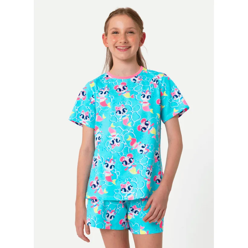 Pijama Manga Curta Algodão Menina Teen Multibichos Sereia 12