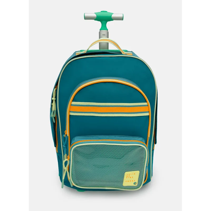 Mochila com Rodinha Grande Color Block Azul Petróleo e Laranja UN