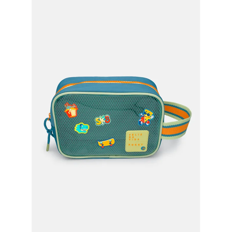 Necessaire Média Color Block Azul Petróleo e Laranja UN