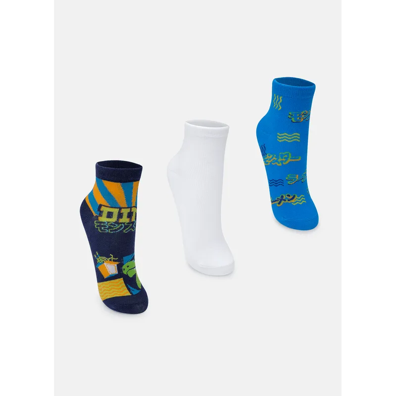 Kit com 3 Meias Cano Curto Menino Dino Ramen 34 A 39