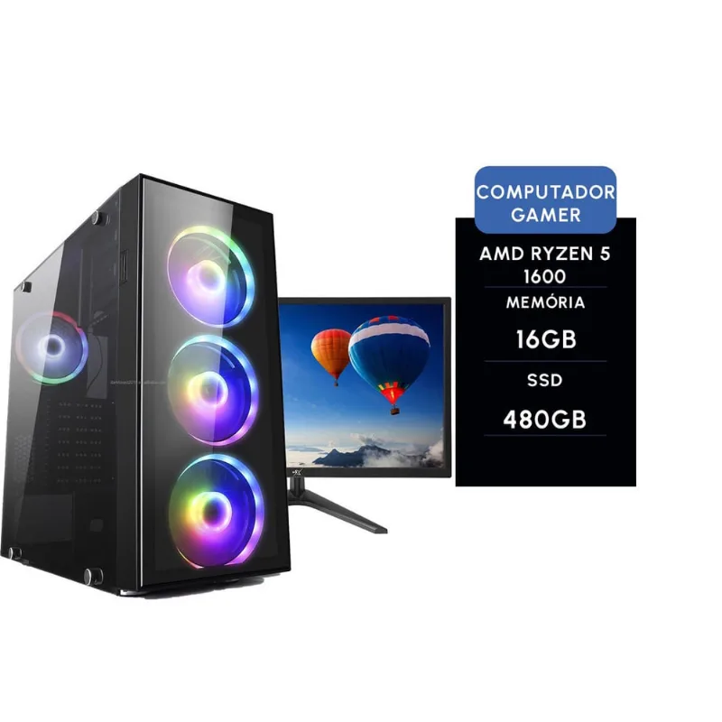 Computador gamer brx amd ryzen 5 1600 16GB ssd 480GB + monitor 21