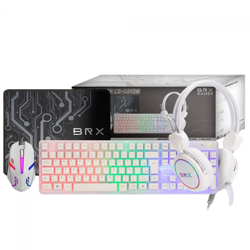 Combo Gamer brx 4 em 1, Teclado, Mouse, Headset e Mousepad, Branco, rgb, CB-G593W