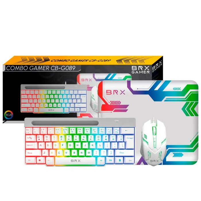 Kit Gamer 3 em 1 BRX, Teclado, Mouse 2400 DPI, Mousepad Branco- CB-C089 - Primex - Distribuição de Produtos de Tecnologia para Empresas