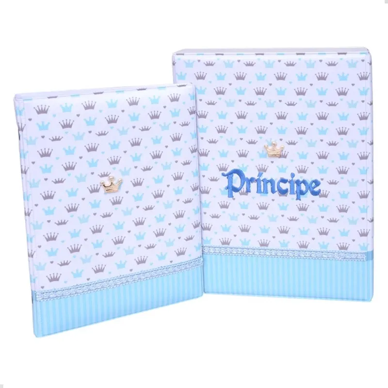 Estojo Imantado Álbum 100 Fotos 15x21 luxo coroa azul Bebê Príncipe Newborn Bordado